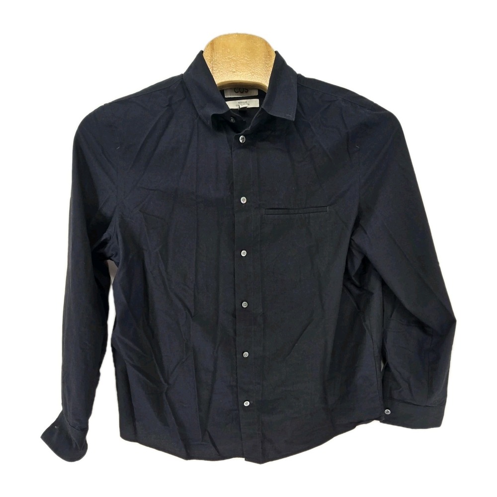 COS Button Down Shirt Mens 17 Navy Blue Regular Fit Long Sleeve Cotton Poplin